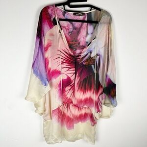 Roberto Cavalli Silk caftan mini Dress w/Elegant Orchid Print Originally $1200+